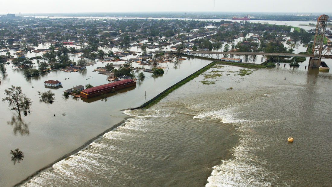 Aerial photo of south breach of Inner Harbor Navigation Canal Floodwall during Hurricane Katrina.